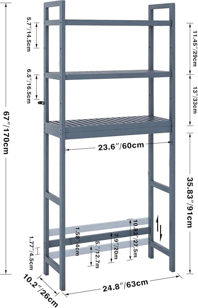 SMIBUY Bathroom Storage Shelf, Bamboo Over-The-Toilet Organizer Rack, Freestanding Toilet Space Saver with 3-Tier Adjustable Shelves (Grey)