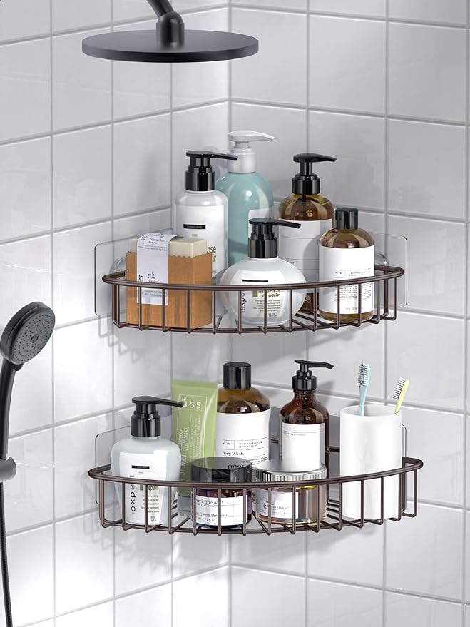 SMARTAKE 2-Pack Corner Shower Caddy, SUS304 Stainless Steel, Wall Mounted Bathroom Shelf with Adhesive, Storage Organizer for Toilet, Dorm and Kitchen (Bronze)