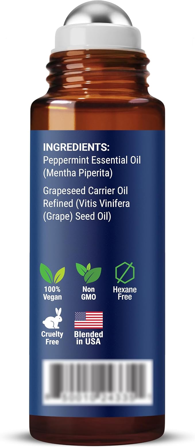 Peppermint Essential Oil Roll-On 10 ml - Pure, Natural & Prediluted Blend with Fresh Minty Aroma - Roller for Aromatherapy & Headache Relief - Nexon Botanics