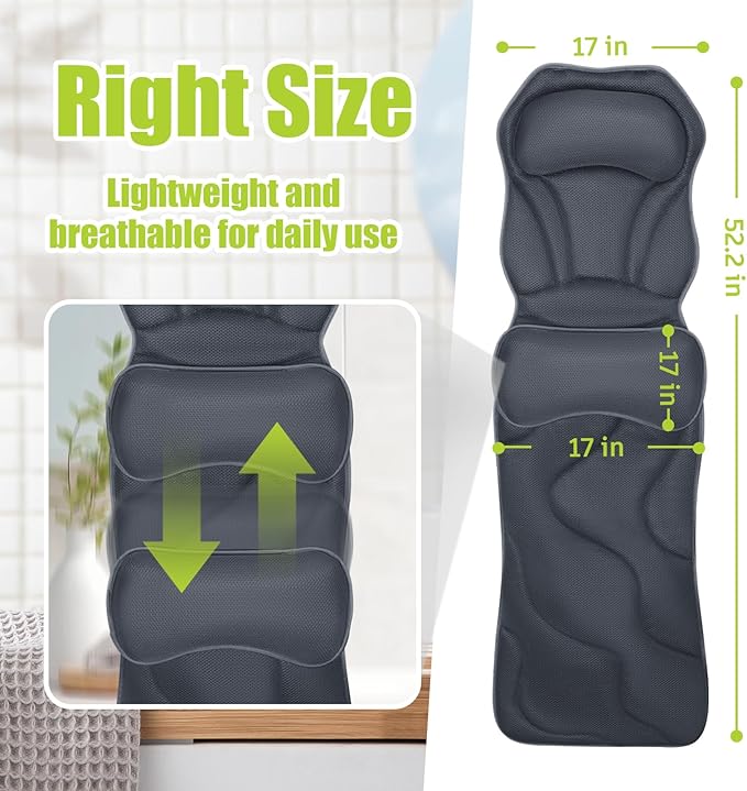 Full Body Bath Pillow for Tub - Extra Long & Thick Tub Pillow with Head, Back & Lumbar Support, 168 Non-Slip Suction Cups, Soft 5D Mesh Spa Cushion, Fits All Tubs-Gift for Soaking(Gray)
