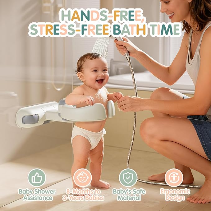 Baby Bath Support Stand Shower - Wall-Mounted Baby Shower Stand with Strong Suction Cups. Foldable Adjustable Baby Standing Support for Infants, Toddlers aged 8-36 Months. Soporte para Bañera de Bebé