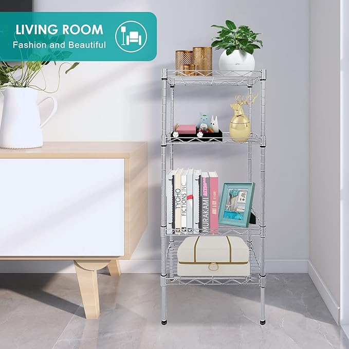 4 Tier Wire Shelving Unit, Height Adjustable Wire Shelves with 264 LBS Capacity, Metal Storage Rack Organizer for Laundry, Kitchen, Bathroom, Pantry, Closet (9.8"D x 13.7"W x 31.5"H, Silver)