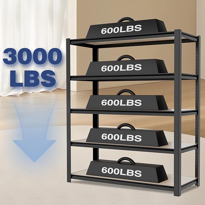 WORKPRO House 5-Tier Shelving Unit, Adjustable Heavy Duty Storage Shelves, Wood Grain Pattern, Waterproof Board, 3000lbs Boltless Shelving for Kitchen, Living Room, Garage, 48"W x 24"D x 72"H, Black