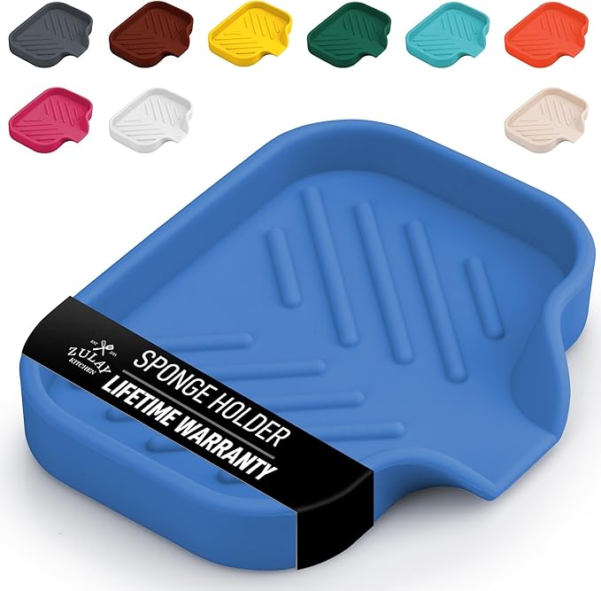 Zulay Kitchen Small Silicone Sponge Holder (4.9x3.3”) – Space-Saving Sink Organizer Tray for Sponge, Soap, Brush & More – Compact Non-Slip Dish for Kitchen & Bathroom (Provence Blue)