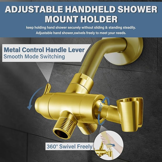 Metal Shower Arm Diverter with Handheld Mount, G1/2" 3-Way Shower Diverter Valve Bathroom Universal Showering System Replacement for Handheld Wand and Fixed Sprayer, Brushed Gold