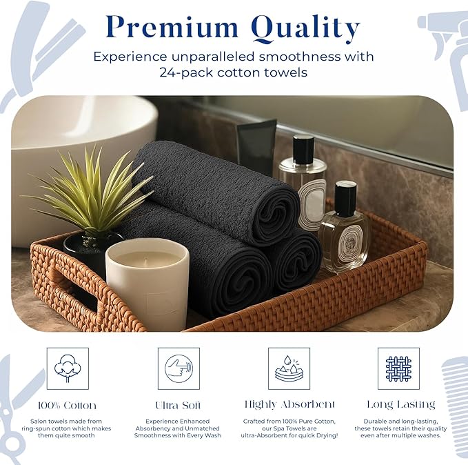 DAN RIVER 100% Cotton Salon Towels Set – 16x26 inches, Pack of 24, Highly Absorbent and Quick-Dry Towels for Hand, Salon, Spa, Beauty, Gyms and Home Hair Care, Black