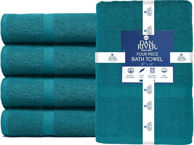 DAN RIVER Bath Towels Set of 4, 27 x 54 Inches, 100% Cotton, Larger & Lighter Weight, Quicker to Dry, Super Soft and Absorbent, Ideal Luxury Bath Towels for Daily Use, Teal