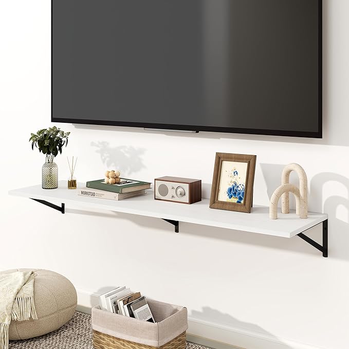 Fun Memories Floating Shelves for Wall, 12 Inch Deep Floating Shelves Set of 2, 55W x 12D Large Wall Shelf with Sturdy Metal Brackets for Living Room, Bathroom, Bedroom and Kitchen, White