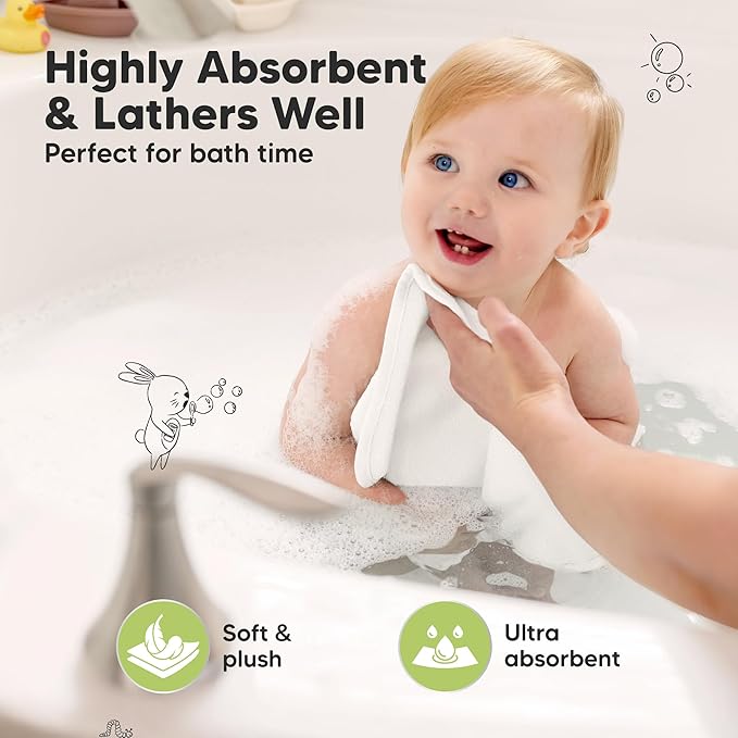 6-Pack Baby Washcloths - Soft Absorbent Viscose from Bamboo Wash Cloths for Babies, Kids, Toddlers, Infant, Newborn Bath Towels, Gentle on Sensitive Skin, 10x10 Reusable Face Towels (White)