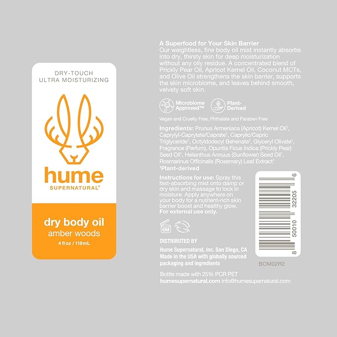 HUME SUPERNATURAL Dry Body Oil Spray - Ultra Hydrating Oil for Dry Skin, Light and Nourishing Body Oils for Women and Men, Long-Lasting Moisture (Amber Woods 1-Pack)