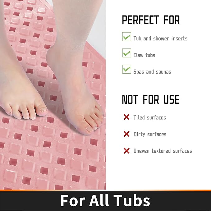 Yimobra Non Slip Bath Mat, Super Strong Suction Cups,34.5"x15.5"Long Tub Mat with Drain Holes, Machine Washable Fast Draining Shower Mats, Bathroom Essentials,Pink