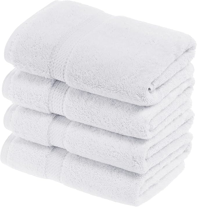 Superior Egyptian Cotton Pile Hand Towel Set of 4, Ultra Soft Luxury Towels, Thick Plush Essentials, Absorbent Heavyweight, Guest Bath, Hotel, Spa, Home Bathroom, Shower Basics, White