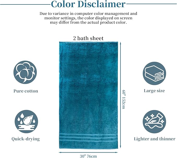 Cotton Bath Towel – Large 30x60 Inches, Soft, Thick & Absorbent Towel for Bathroom, Spa, or Home Use (Blue, 2 Pack – 30"x60")