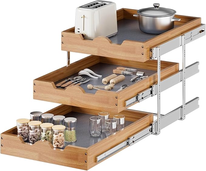 OCG Pull Out Cabinet Drawer 20" W x 21" D, 3 Tier Pull Out Cabinet Organizer, Heavy-Duty Slide Out Drawer for Cabinets, Organization for Kitchen, Pantry, Bathroom