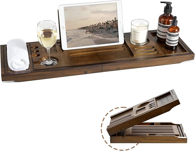 Teak Bathtub Tray | Adjustable Width Tray with Wine Holder, Tablet/Phone & Book Stand, Splash-Proof for Bath Time- Walnut