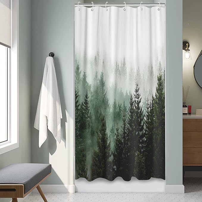 Aipon Green Misty Forest Shower Curtain Nature Tree Shower Curtain Set Dark Green Fabric Waterproof Shower Curtains for Bathroom Decor (36'' × 72'', Green4)