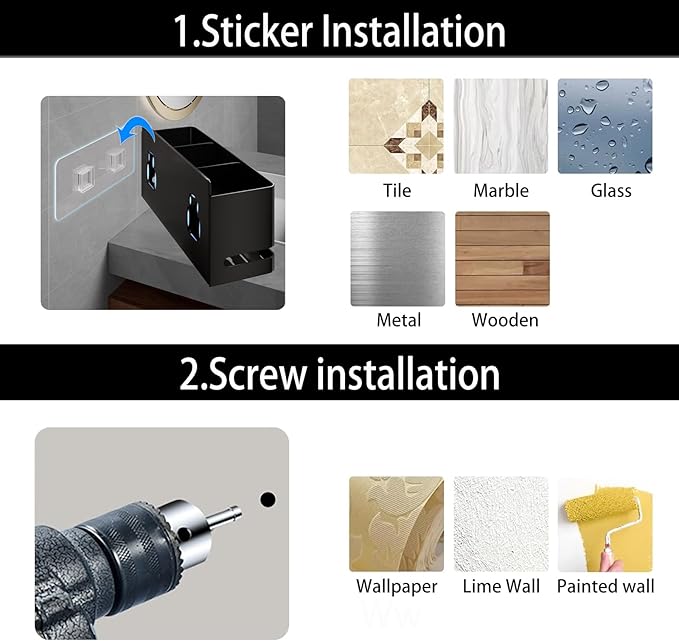 Aluminum Electric Toothbrush Holder - Bathroom Wall Mounted Toothbrush Holder (Black, Three Slot)