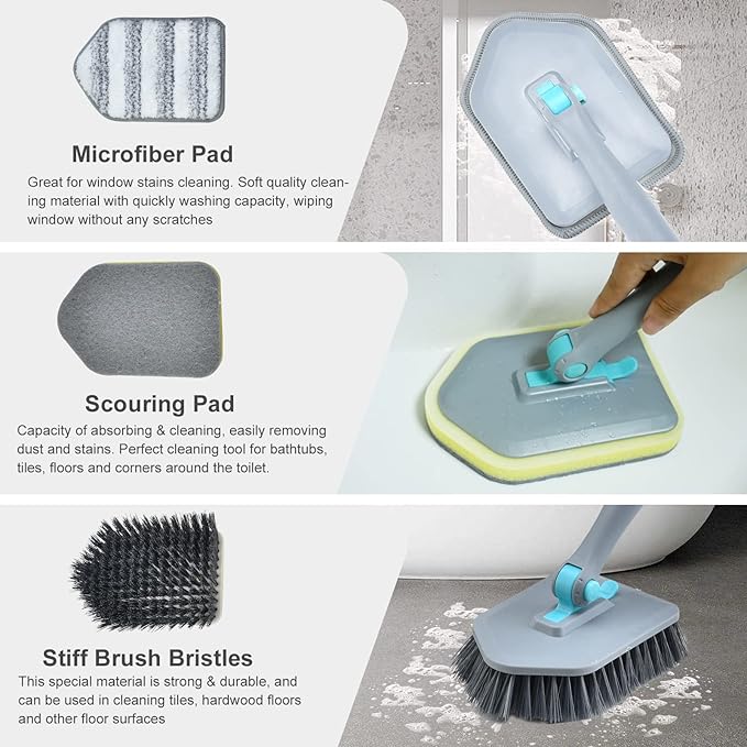 Long Handled Scrub Brush for Shower,3-in-1 Cleaning Brushes with 3 Different Function Cleaning Heads Brush for Shower Cleaning Bathroom Kitchen Walls Tub Tile (Grey)