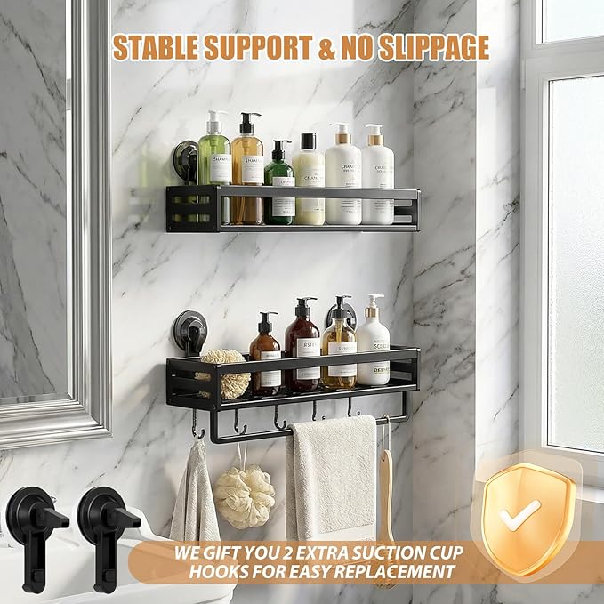 Shower Caddy Suction Cup, 11.8 inch 2 Pack Suction Shower Shelf with Hooks NO-Drilling Bathroom Holder, Rustproof Bathroom Organizer, Black,Includes 2 Extra Suction Cups for Replacement Use