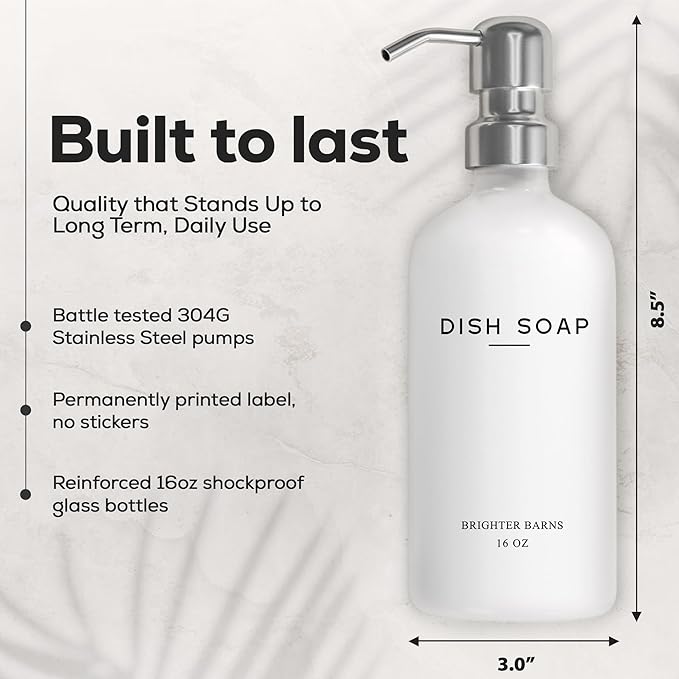 White Glass Hand and Dish Soap Dispenser Set by Brighter Barns - Modern Kitchen Soap Dispenser Set & Pump for Sink - Farmhouse Home Decor, Minimalist Kitchen Accessories (White)