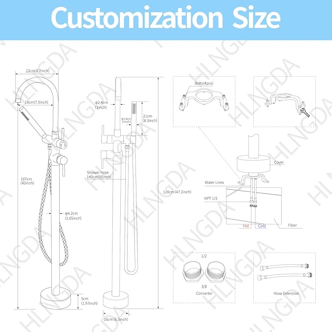Freestanding Bathtub Faucet,Tub Filler Floor Mount Stand Bathtub Faucet Brass Bathroom Tub Faucets with 2 Function Hand Shower Wand Swivel Brushed Nickel