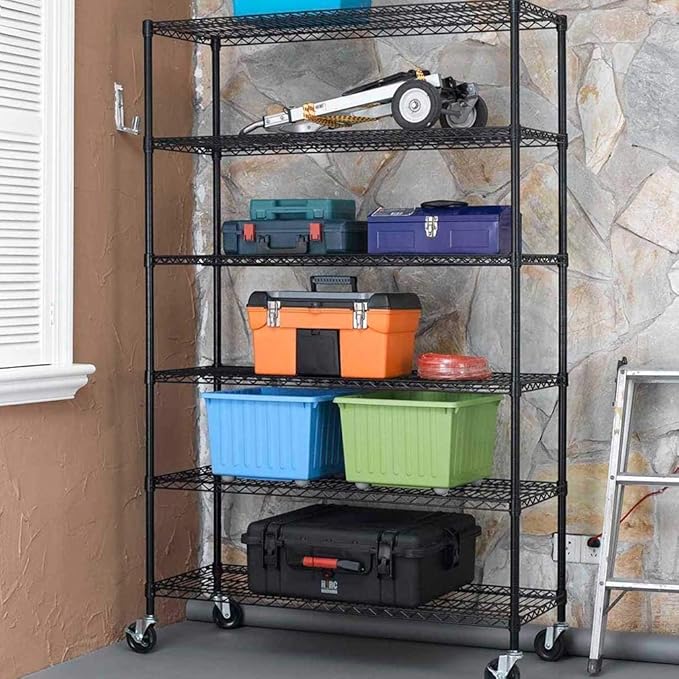 BestOffice | 6-Tier Wire Storage Shelves with Wheels | 18x48x77 | Black | Adjustable Racks | Heavy-Duty Metal Shelf, Holds Upto 600 lbs | No-Tool Assembly | Ideal for Home & Garage Shelving