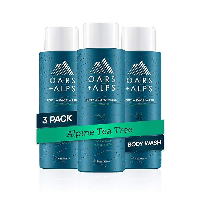 Oars + Alps Body and Face Wash for Men, Mens Body Wash & Face Cleanser with Vitamin E and Antioxidants, Moisturizing, Hydrating, Paraben & Sulfate Free Cleanser, Alpine Tea Tree, 3pk