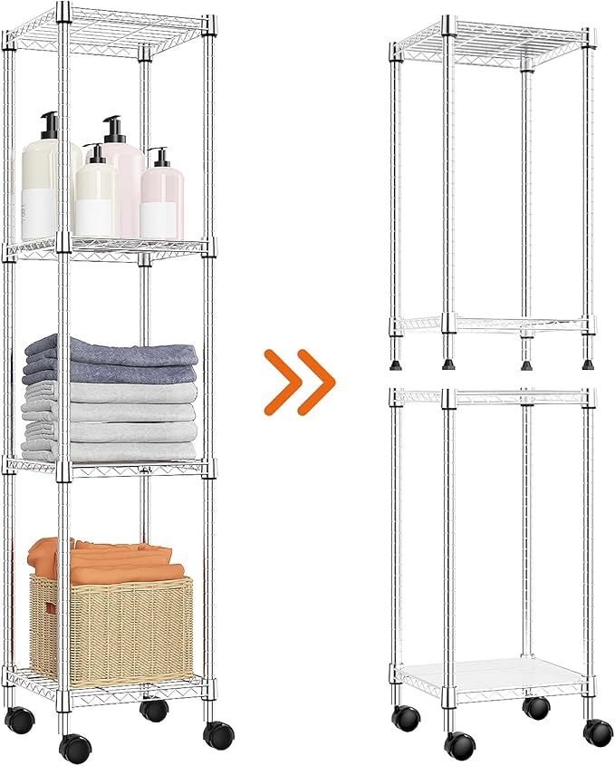 Storage Shelves Adjustable, 4 Tier Shelving Units for Storage with Wheels, Corrosion Resistant Wire Shelving Unit for Kitchen Closet Bathroom Office, Chrome 11.8" D x 11.8" W x 48.1" H