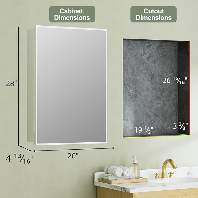 Buruis 20" x 28" Framed Medicine Cabinet with Mirror, Recessed or Wall Mounted Bathroom Cabinet, Adjustable Tempered Glass Shelves, Left/Right Open Reversible, No Assembly Required, White