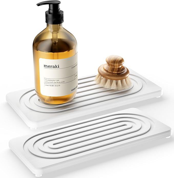 2 PCS Water Absorbing Stone Tray for Sink, Quick Drying Diatomite Bathroom Tray Countertop, Stone Drying Mat for Kitchen Counter Faucet, Soap Dish Dispenser Vanity Organizer, White-A-8.3" x 4"