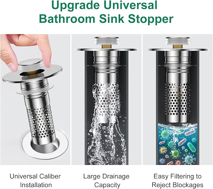 Bathroom Sink Drain Strainer,Universal Pop-Up Sink Stopper Hair Catcher, Anti-Clog Stainless Steel Drain Filter Basket, Removable Sink Drain for Bathroom Sink Stopper Replacement