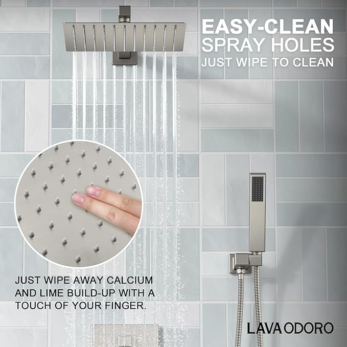 Lava Odoro Modern 2-Setting Square Shower System with Rain Shower Head and Handheld Spray Brushed Nickel, Rainfall Shower Faucet Set Brushed Nickel, Shower Valve and Trim Kit, SF103-BN
