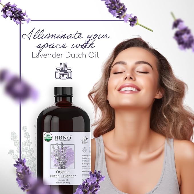 HBNO Organic Lavender Dutch Oil - 32 oz (950 ml) Large Size - Ideal for Shampoos, Conditioners, Mouth Washes, Face wash, Lotions, and Skin Care Products (Glass Bottle).
