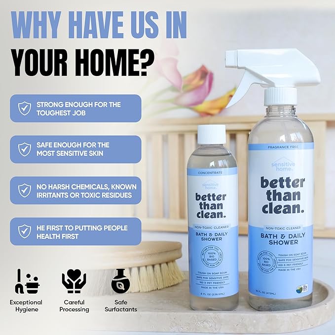 Better Than Clean™ Bath and Shower Cleaner Starter Pack – Fragrance Free, Plant-Based, Non-Toxic, Bathroom Cleaner with 8oz Concentrate & 16oz Empty Refillable Spray Bottle