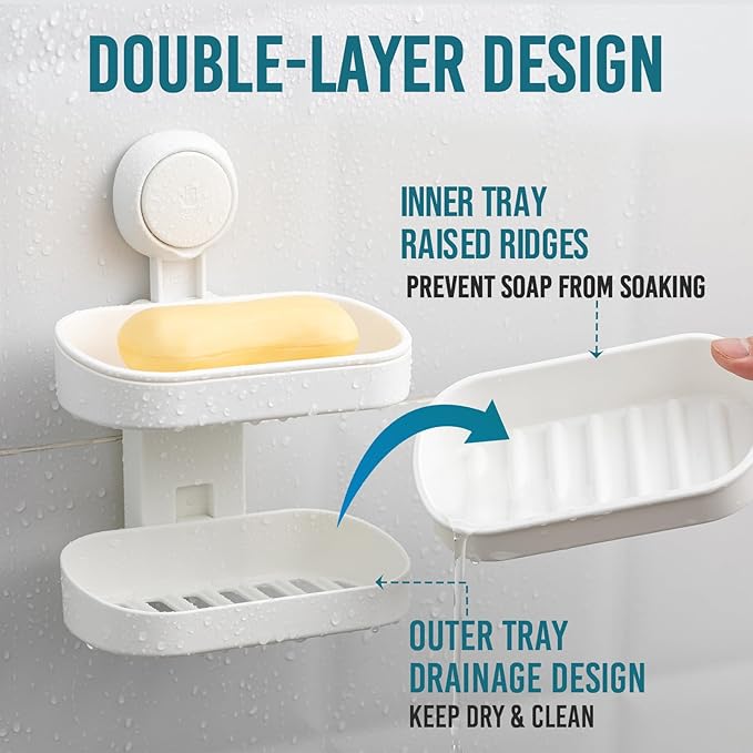TAILI Double Layer Soap Dish Suction Cup Soap Holder, Strong Sponge Holder for Shower, Bathroom, Tub and Kitchen Sink, Drill-Free, Removable