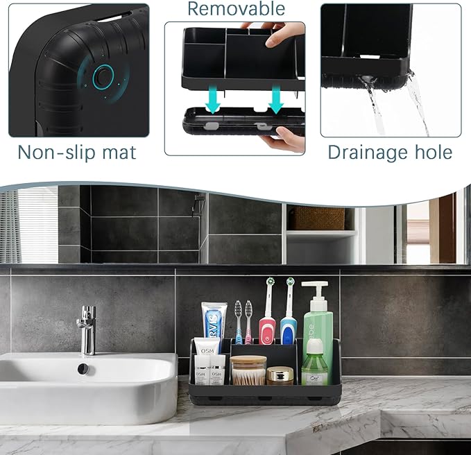 Black Toothbrush Holder - 7 Slots Bathroom Organizer Countertop with Drainage Matte Black Electric Toothbrush and Toothpaste Holder for Bathroom Accessories Organization Vanity Sink Storage