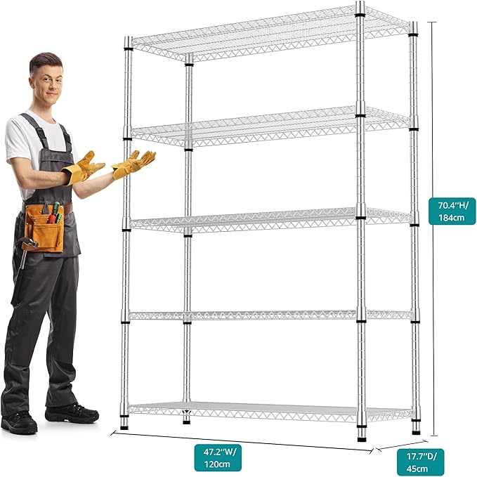 5 Tiers Shelf Metal Storage Shelves 3300 lbs Steel Storage Shelving Utility Shelving Unit Steel Organizer Wire Rack for Home,Kitchen,Office,Garage Chrome 17.7" D x 47.2" W x 70.3" H