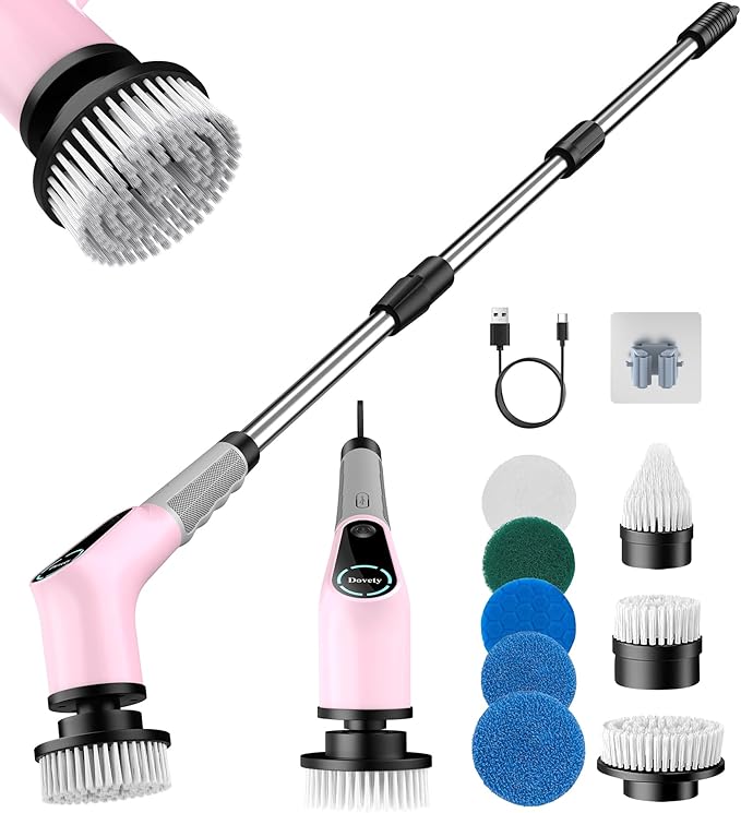 Dovety Electric Spin Scrubber, Cordless Cleaning Brush, Shower Scrubber with 8 Replaceable Brush Head, Power Cleaning Brush with Extension Handle, 2 Adjustable Speed, for Bathtub Grout Tile Floor