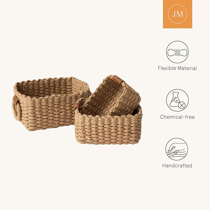 LA JOLIE MUSE Small Wicker Baskets for Organizing, Recycled Paper Rope Storage Basket Container Bins for Shelves Bathroom Cupboards Drawer, Decorative Square Basket Organizer Set of 3