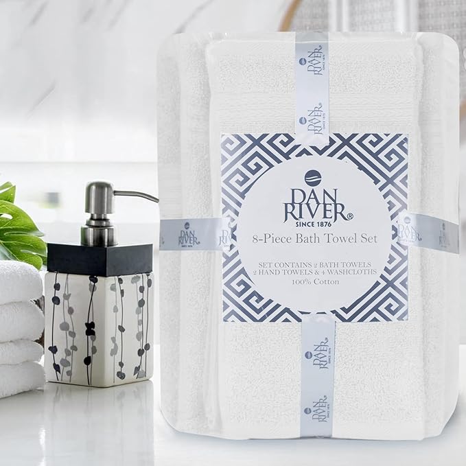 DAN RIVER 8 PC Luxury Bath Towels for Bathroom, 2 Bath, 2 Hand, and 4 Wash Cloths, 600 GSM 100% Ring Spun Cotton Towel Set, Highly Absorbent, Gym, Hotel, and Spa, White