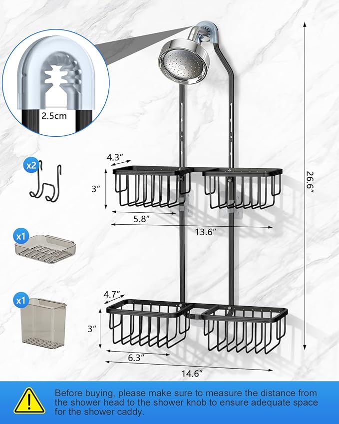 Adjustable Shower Caddy Hanging for Handheld Showerheads - Never Rust Shower Hanging Organizer, Upgraded Bathroom Shower Rack with Soap Basket, Hooks and Toothbrush Holder (Black)