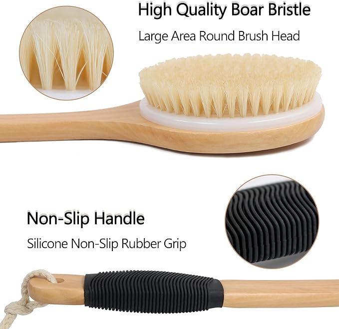 OWIIZI Round Head Back Scrub Brush for Body Shower, Wooden Long Handle Bristles Tub Soaping Bath Brushes, Skin Exfoliator Scrubber Brush for Men Women Elderly Wet or Dry Use