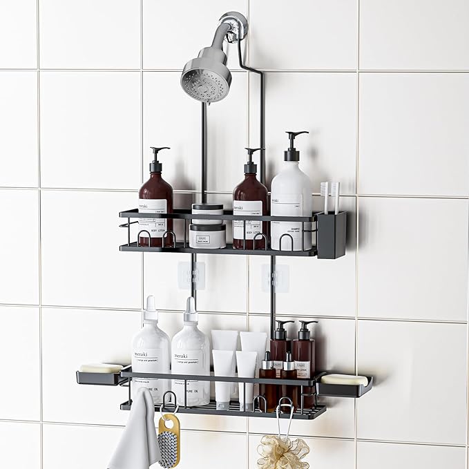 Shower Caddy Hanging, Rustproof Shower Shelves - No Drilling Inside Bath, Extended Length Shower Organizer with Soap Holder; Toothbrush Holder, Black