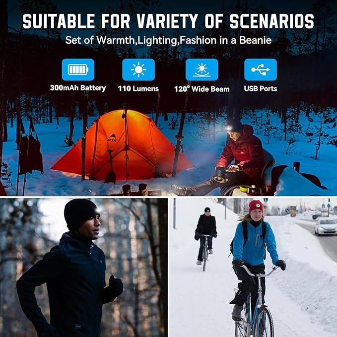Christmas Stocking Stuffers for Men Adults, Beanie Hats with Light, USB Rechargeable LED Hand Free Headlamp, Birthday Gifts for Men, Women, and Teens, Ideal for Camping, Hiking, Black