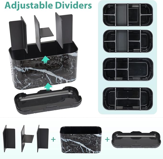 Boperzi Black Toothbrush Holder for Bathroom Toothpaste Organizer Countertop, Detachable Anti-Slip Marble Toothpaste Storage Caddy 6 Slots with Drainage Holes for Makeup Brush Razor Stand