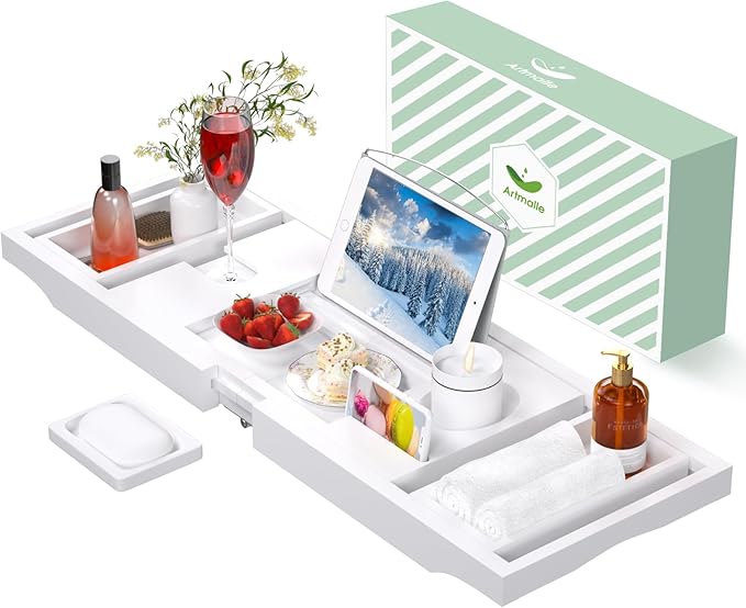 Artmalle Bathtub Caddy Tray - Expandable and Foldable Bath Tray for Tub, Luxury Bamboo Bath Caddy Tub Table, Bathtub Accessories with Book Holder and Free Soap Dish, White