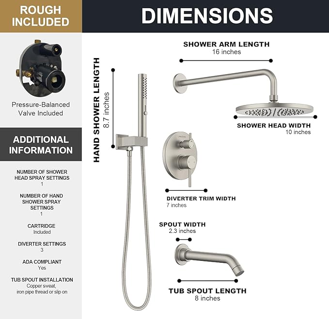 Lava Odoro Modern 3-Setting Round Rain Bathtub and Shower Faucet Set, Brushed Nickel Rainfall Shower Head and Handle Set, Rain Shower System with Tub Spout, Shower Valve Trim Kit, SF104-BN-T