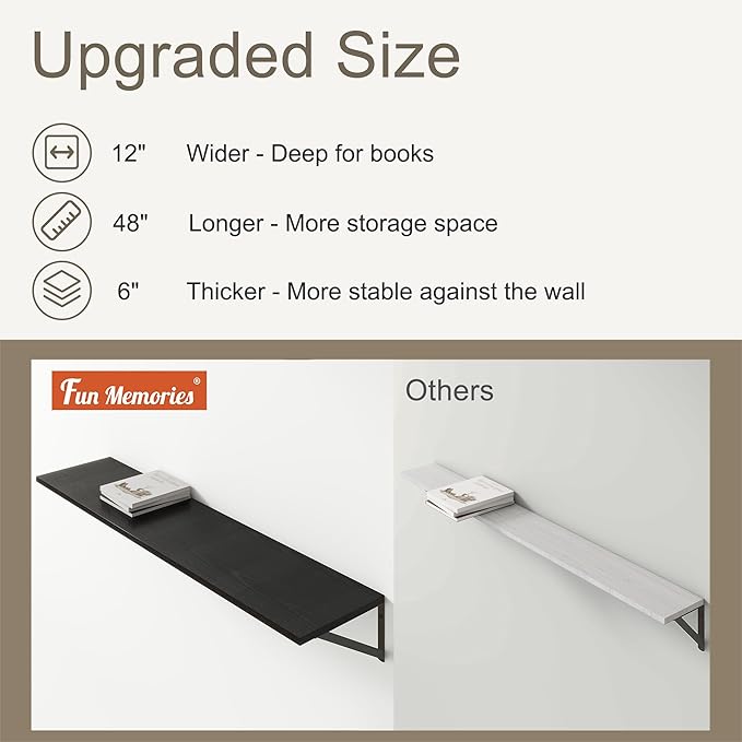 12 Inch Deep Floating Shelves, Black Floating Shelves 48W x 12D, Deep Wall Shelves Bracket Set of 2, Large Display Hanging Floating Shelf for Bathroom, Living Room, Wide Storage Wooden Wall Shelf