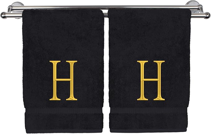 Monogrammed Hand Towel, Personalized Initial Gift, Extra Absorbent 100% Turkish Cotton - Soft Terry Finish - Set of 2 - Gold Block Initial H - Embroidered on Black Towels