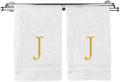 Monogrammed Hand Towel, Personalized Initial Gift, Extra Absorbent 100% Turkish Cotton - Soft Terry Finish - Set of 2 - Gold Block Initial J - Embroidered on White Towels